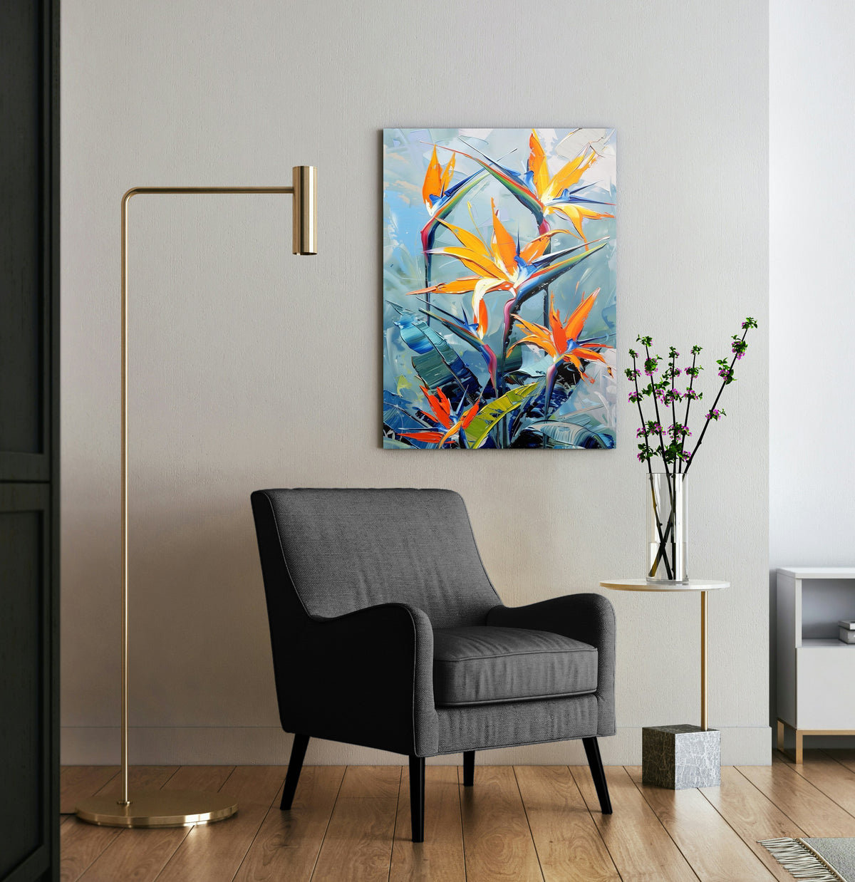 Bird of Paradise Flowers Glass Wall Art in a living room interior