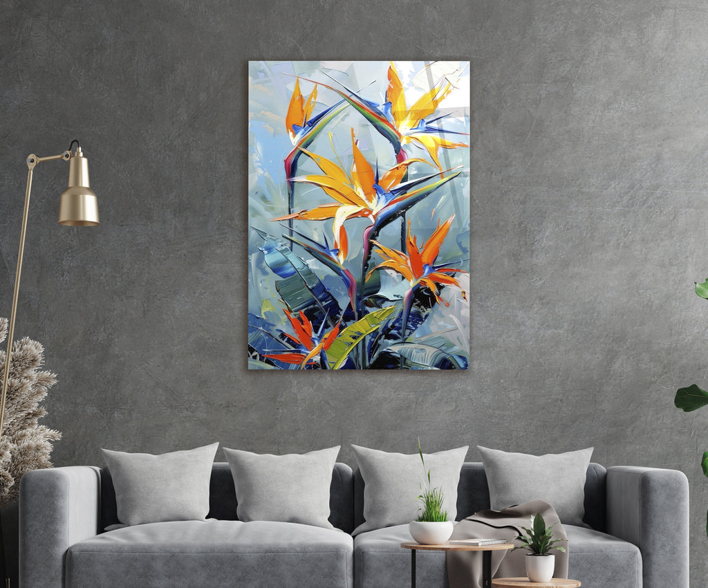 Bird of Paradise Flowers Glass Wall Art in a modern interior
