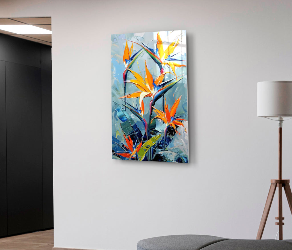 Bird of Paradise Flowers Glass Wall Art on the wall