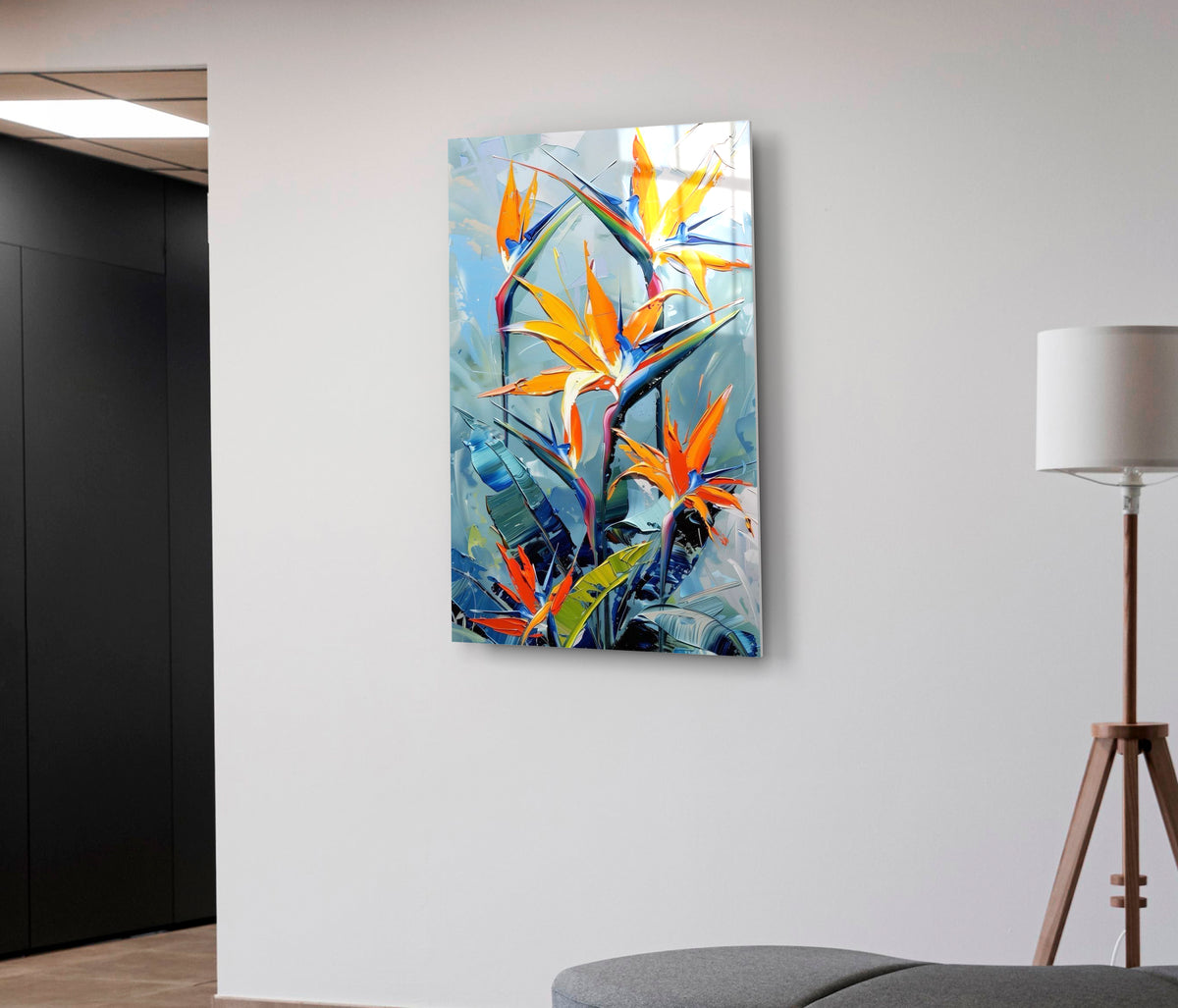 Bird of Paradise Flowers Glass Wall Art on the wall