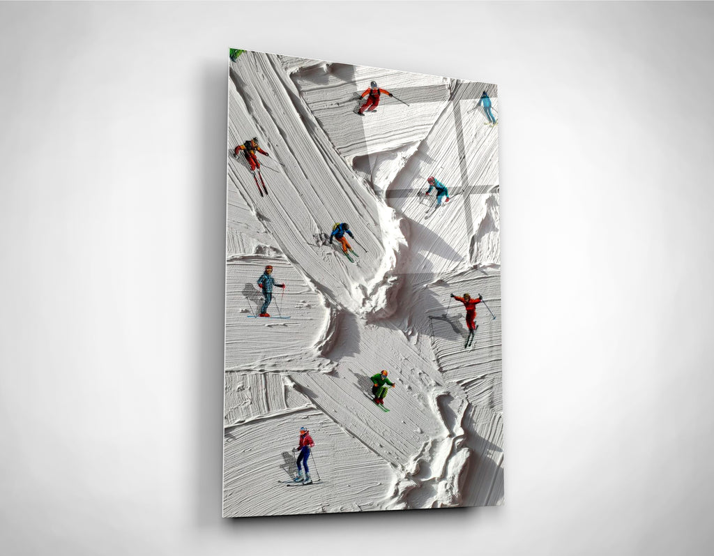 Miniature Skiers on Snowy Slope Glass Wall Art close-up