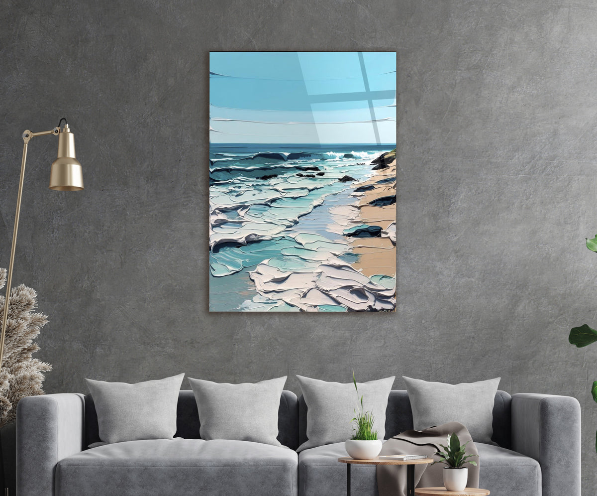 Impasto Turquoise Seashore Glass Wall Art in a living room interior