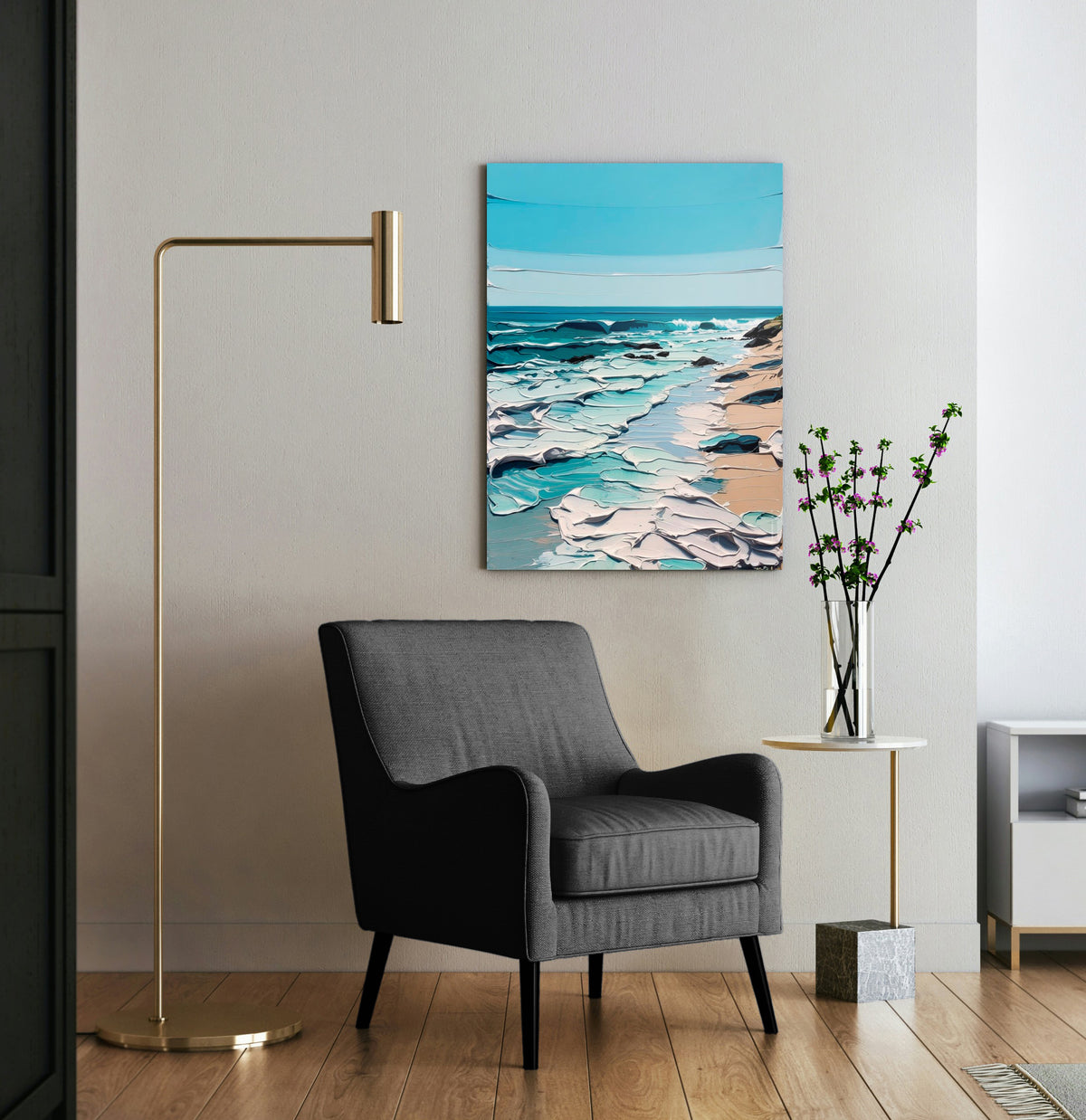 Impasto Turquoise Seashore Glass Wall Art in a modern interior