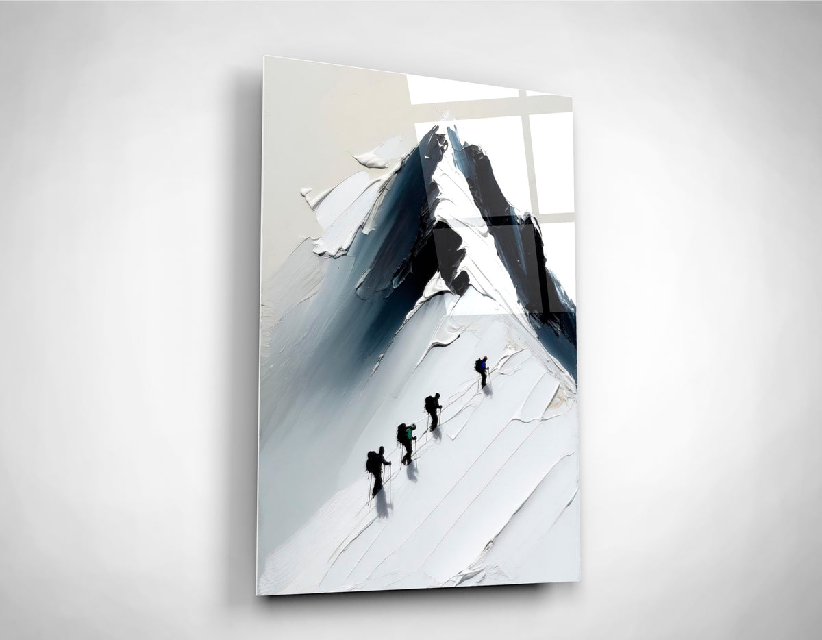 Climbers on a Snowy Mountain Peak Glass Wall Art close-up