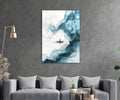 Lone Boat on Teal Marble Waves Glass Wall Art in a living room interior