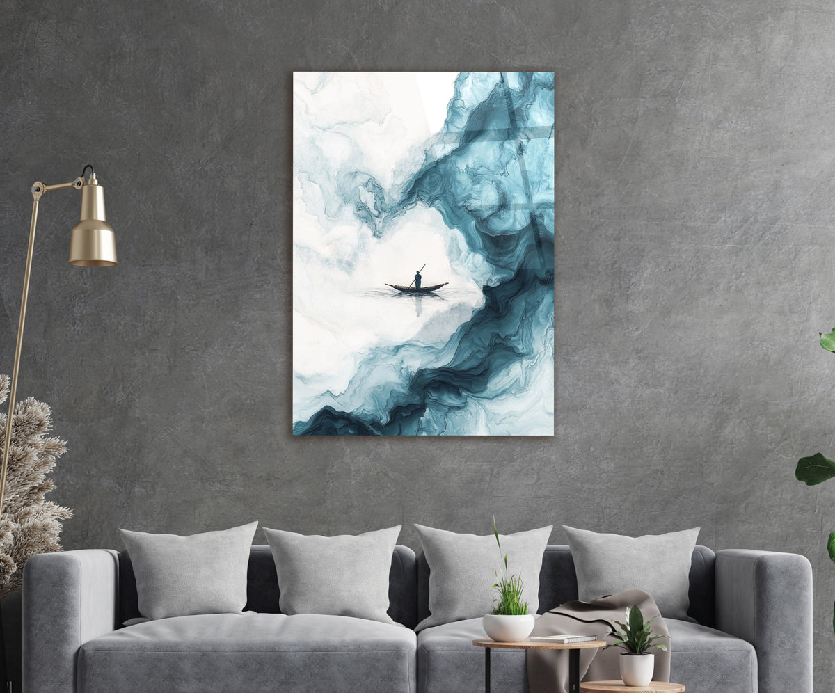 Lone Boat on Teal Marble Waves Glass Wall Art in a living room interior