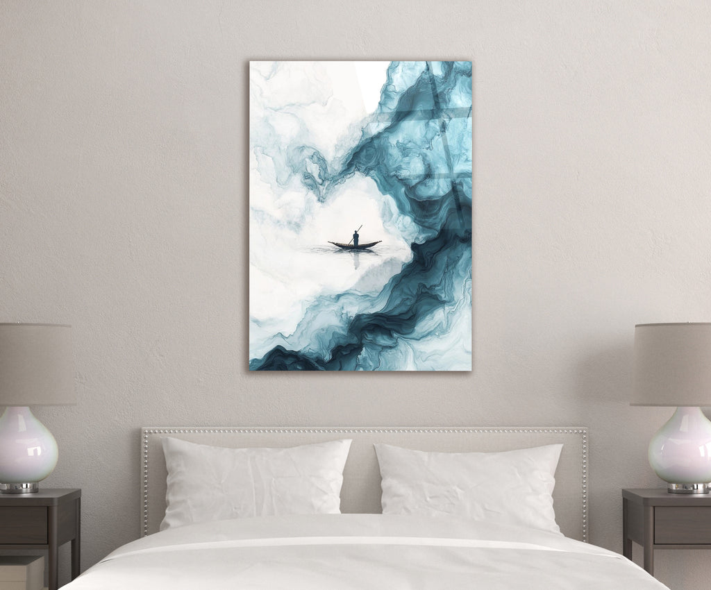 Lone Boat on Teal Marble Waves Glass Wall Art in a modern interior