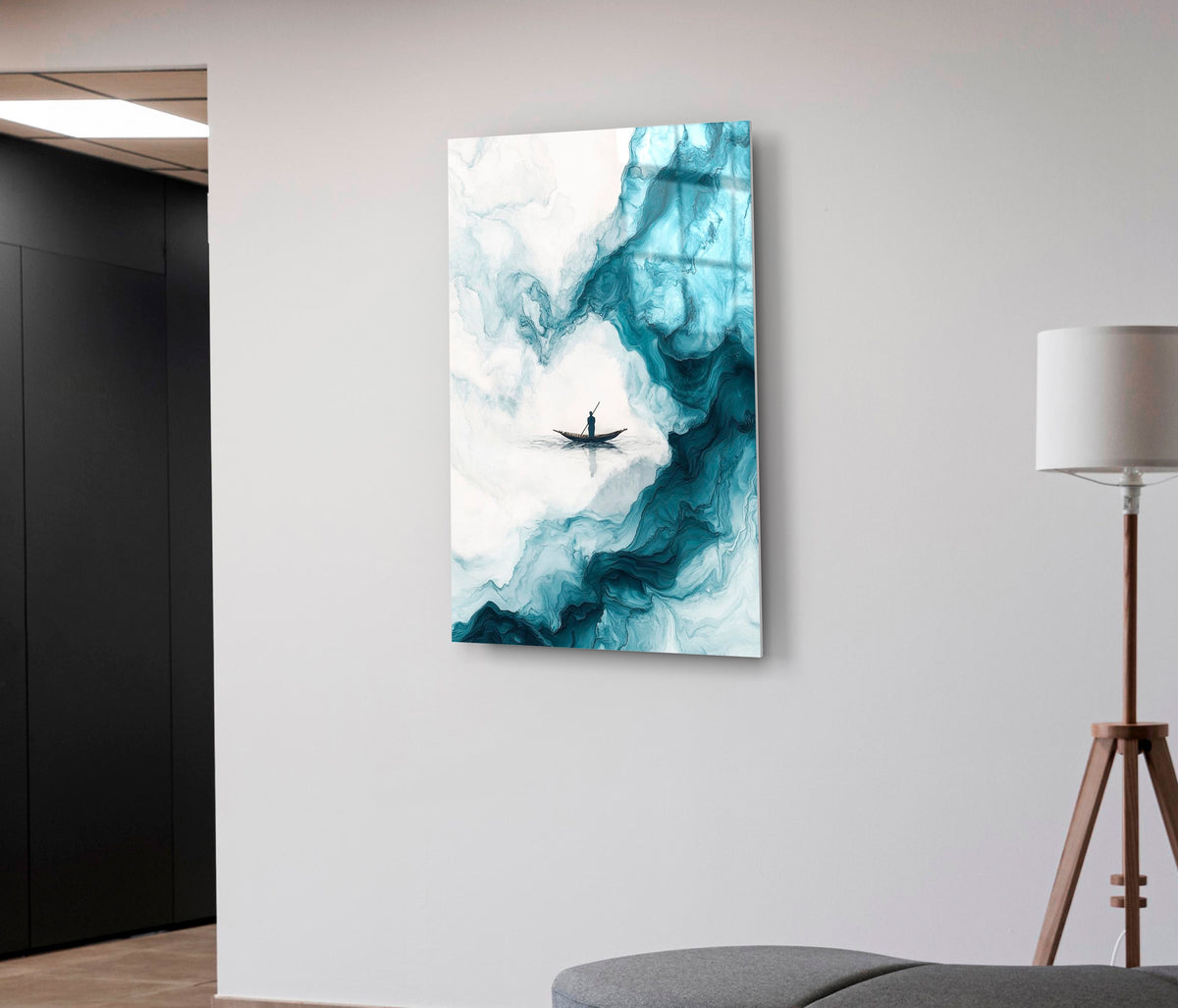 Lone Boat on Teal Marble Waves Glass Wall Art on the wall
