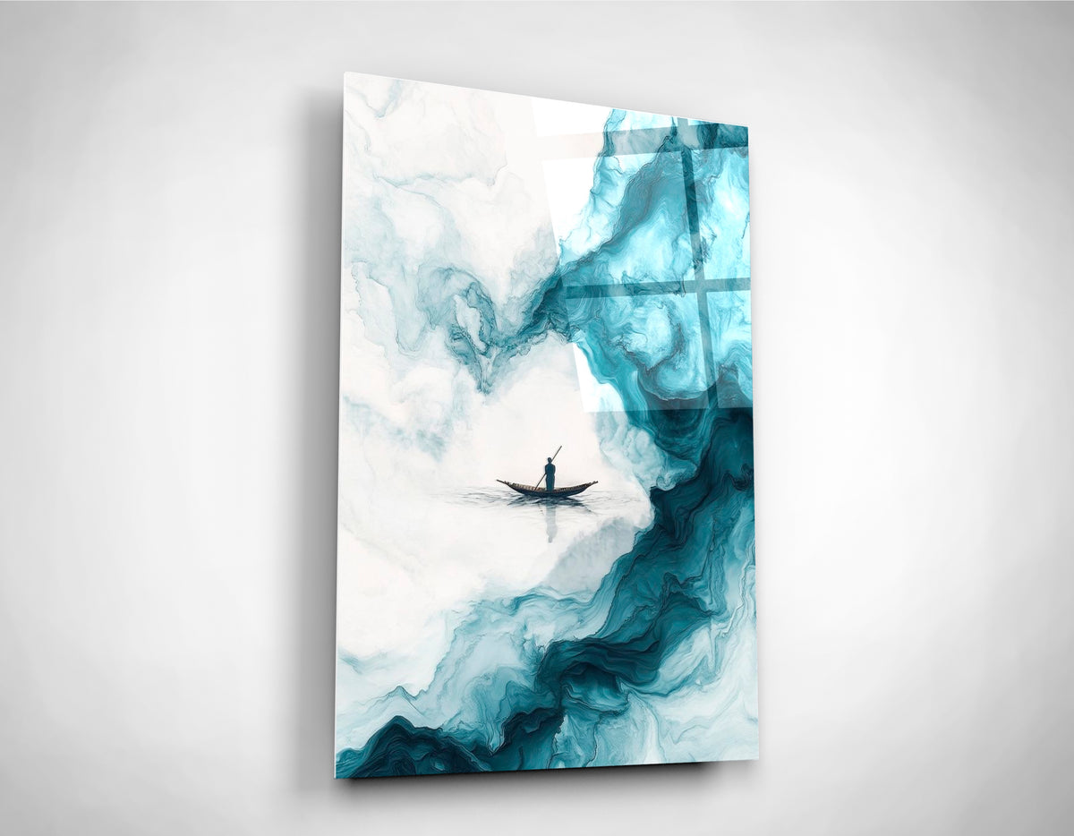 Lone Boat on Teal Marble Waves Glass Wall Art close-up