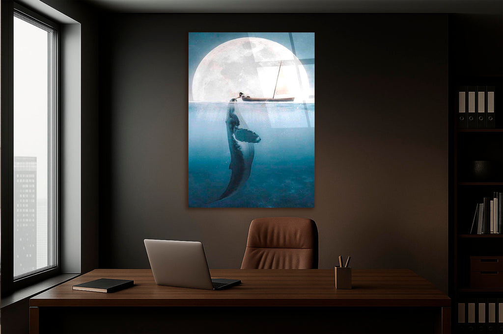 Whale Beneath the Moon Surreal Ocean Glass Wall Art in a living room interior