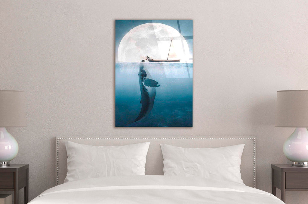Whale Beneath the Moon Surreal Ocean Glass Wall Art in a modern interior