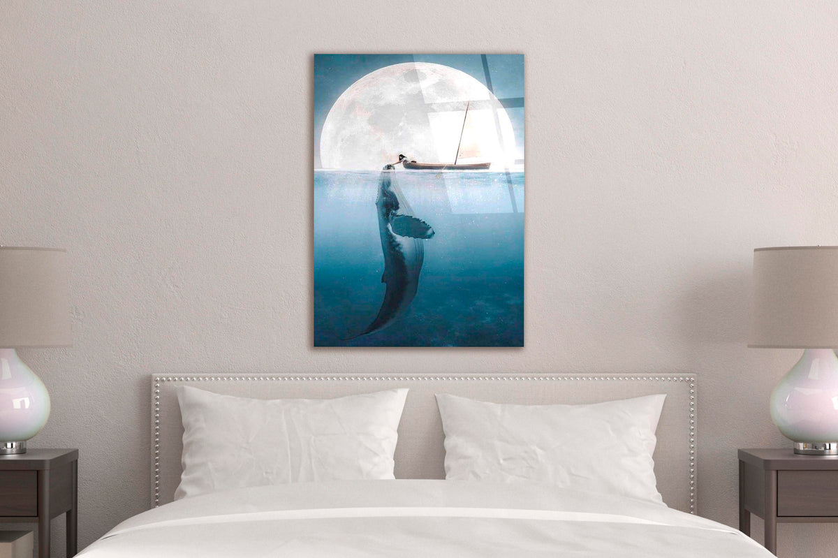 Whale Beneath the Moon Surreal Ocean Glass Wall Art in a modern interior