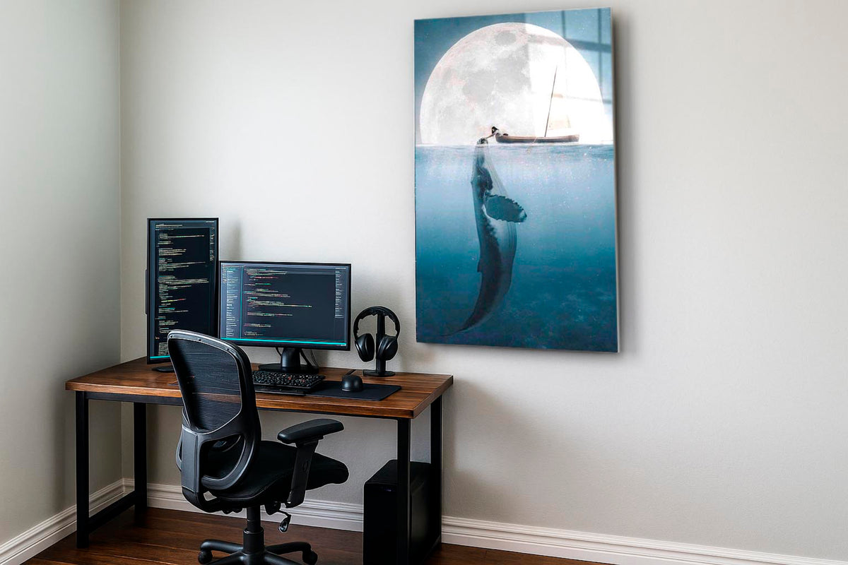 Whale Beneath the Moon Surreal Ocean Glass Wall Art on the wall