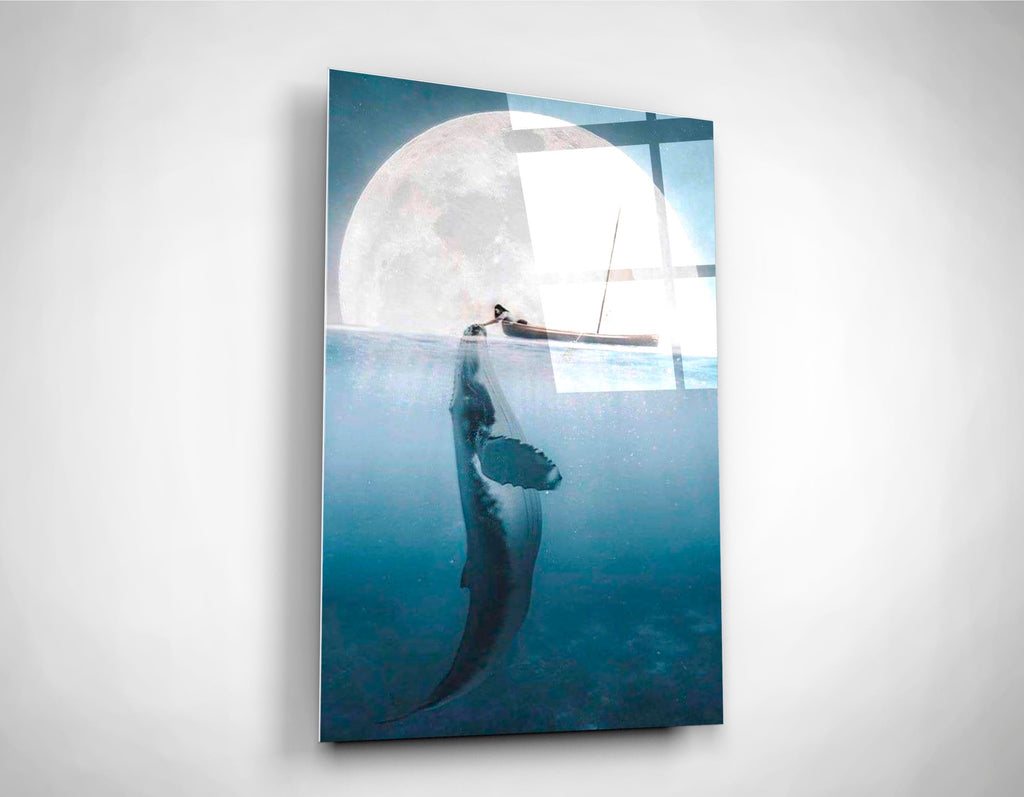 Whale Beneath the Moon Surreal Ocean Glass Wall Art close-up
