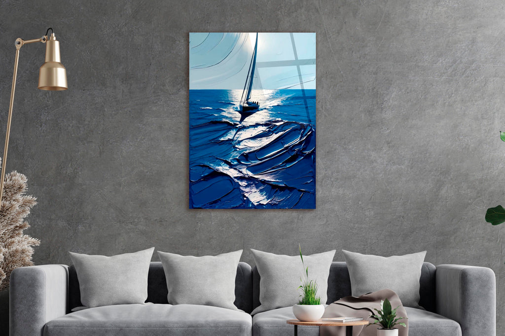 Navy Impasto Sea Sailboat Glass Wall Art in a living room interior