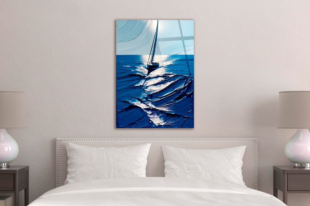 Navy Impasto Sea Sailboat Glass Wall Art in a modern interior