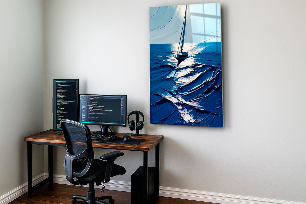 Navy Impasto Sea Sailboat Glass Wall Art on the wall