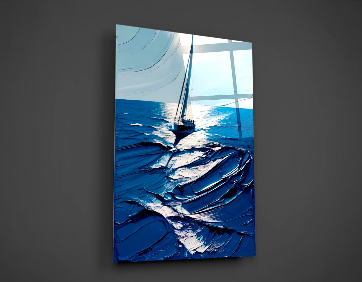 Navy Impasto Sea Sailboat Glass Wall Art close-up