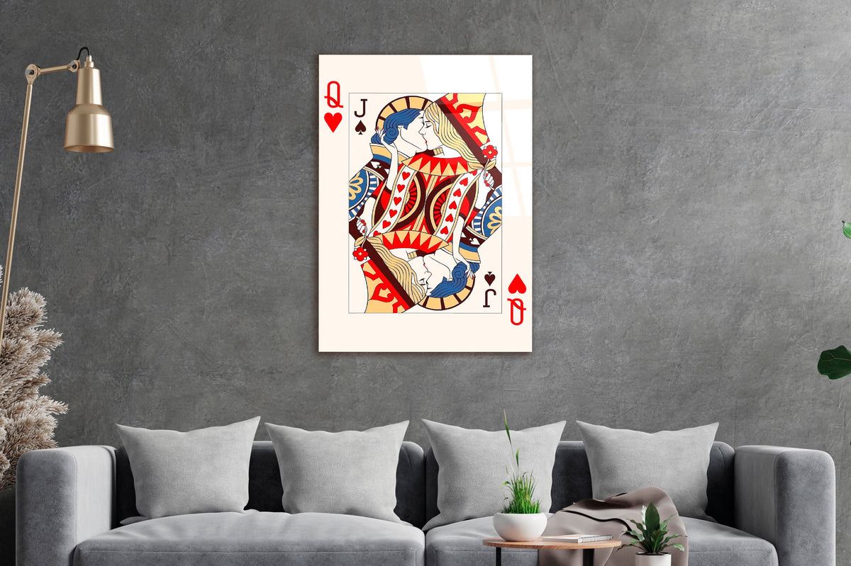 Queen of Hearts and Jack of Spades Card Glass Wall Art in a living room interior