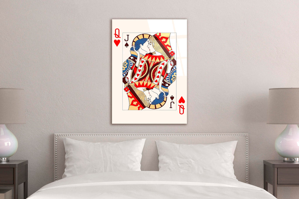 Queen of Hearts and Jack of Spades Card Glass Wall Art in a modern interior