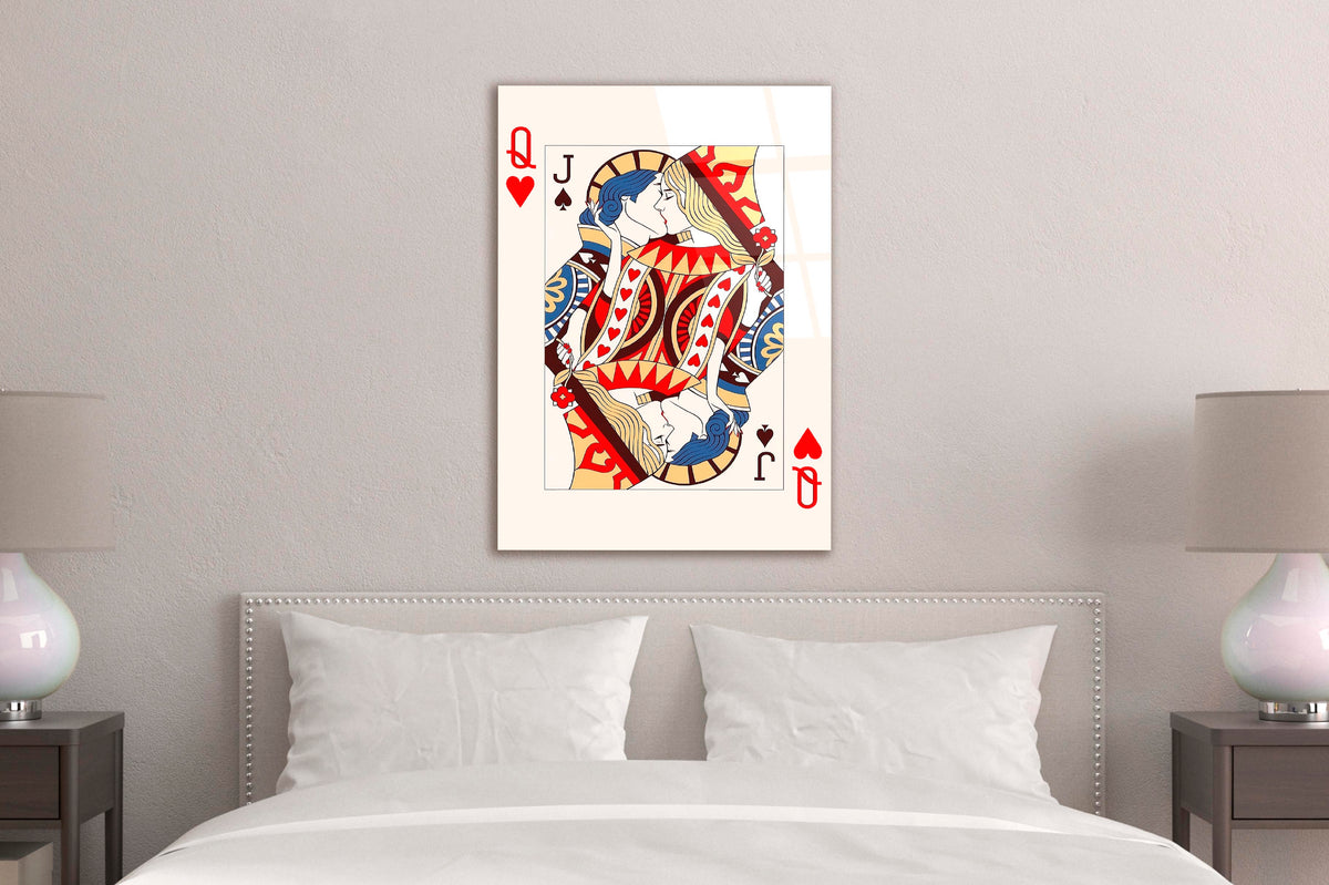 Queen of Hearts and Jack of Spades Card Glass Wall Art in a modern interior