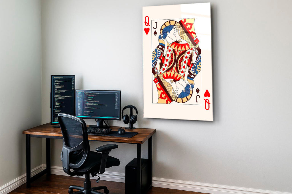 Queen of Hearts and Jack of Spades Card Glass Wall Art on the wall