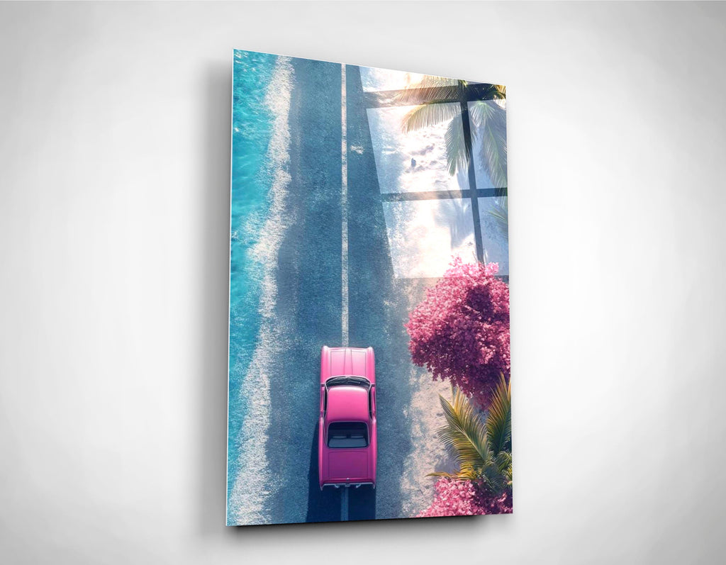 Pink Classic Car Coastal Road Aerial Glass Wall Art close-up