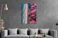 Pink Car on Blossom Beach Road Aerial Glass Wall Art in a living room interior