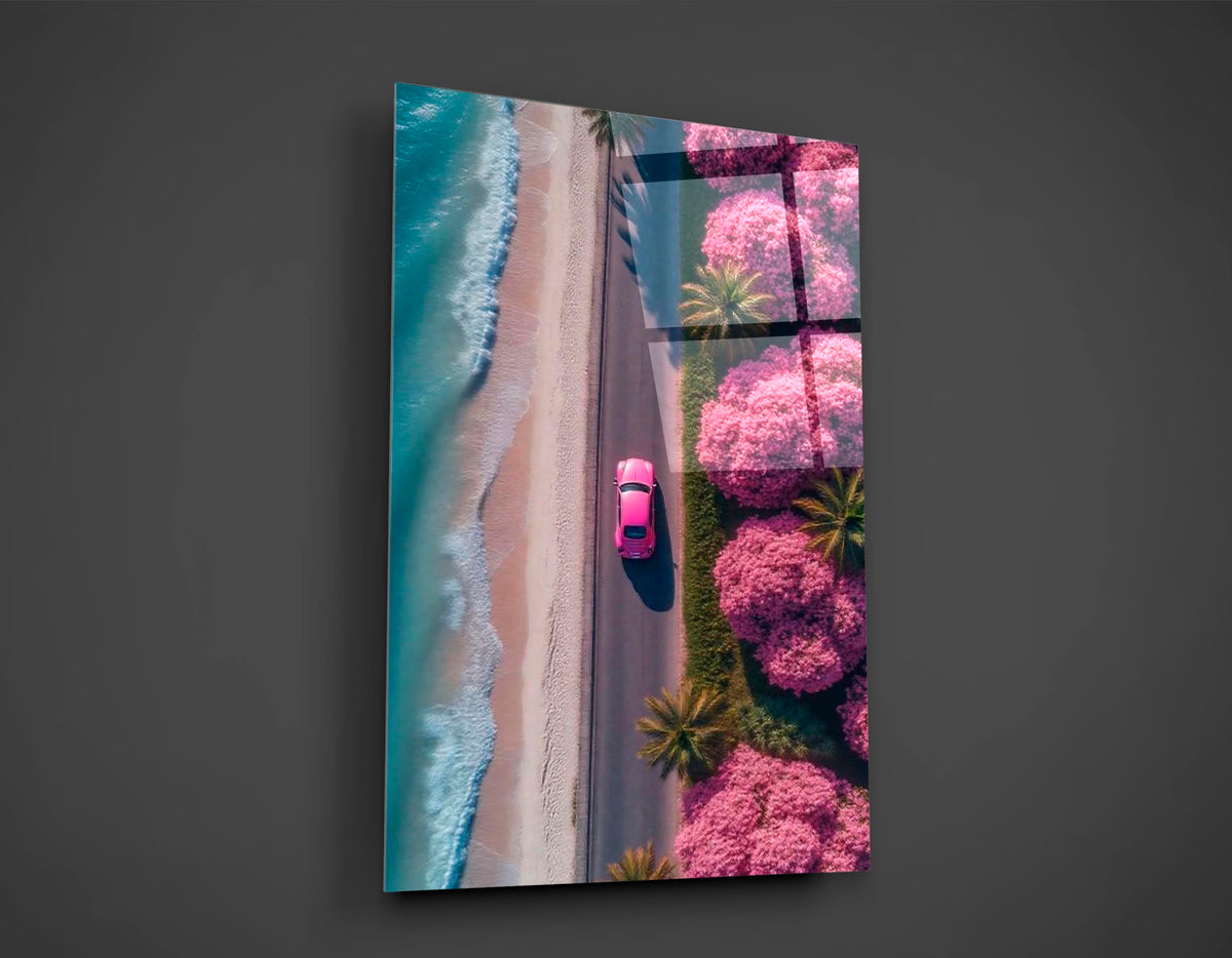Pink Car on Blossom Beach Road Aerial Glass Wall Art close-up