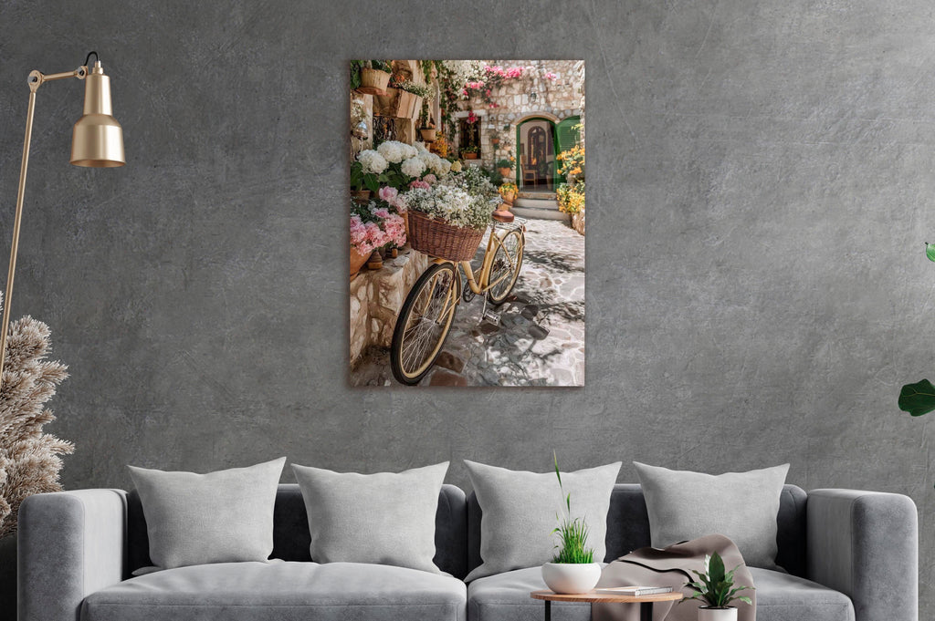 Flower Bicycle Village Street Glass Wall Art in a living room interior