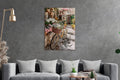 Flower Bicycle Village Street Glass Wall Art in a living room interior