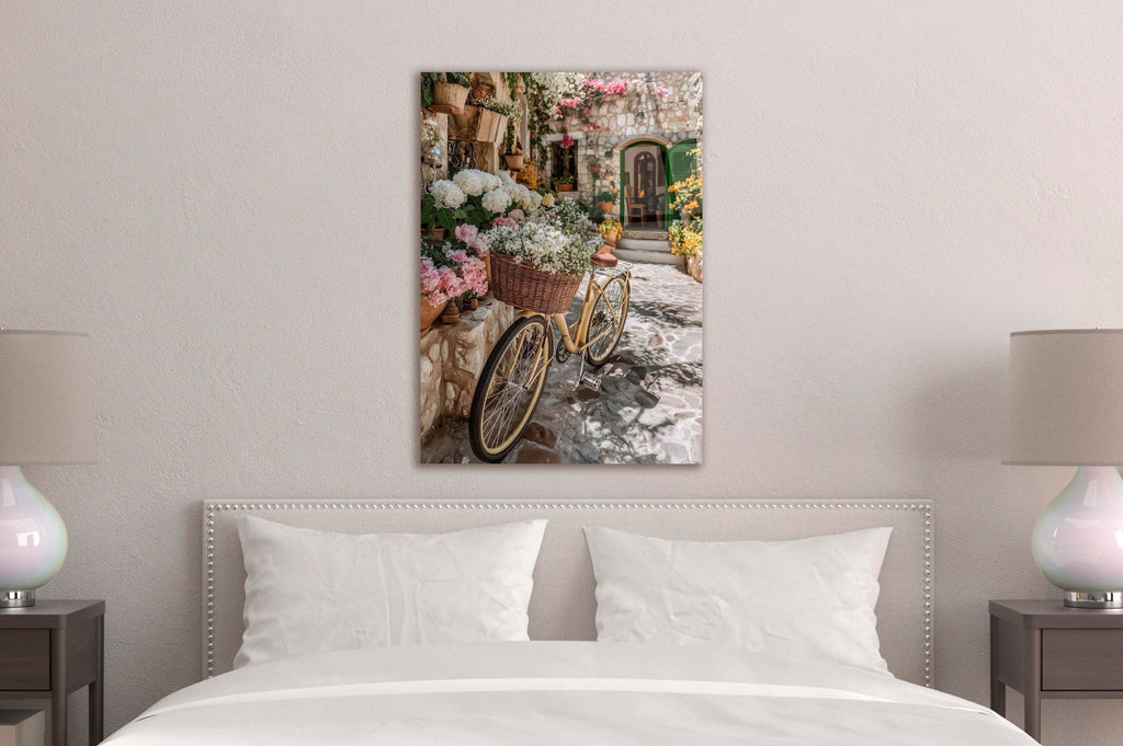 Flower Bicycle Village Street Glass Wall Art in a modern interior
