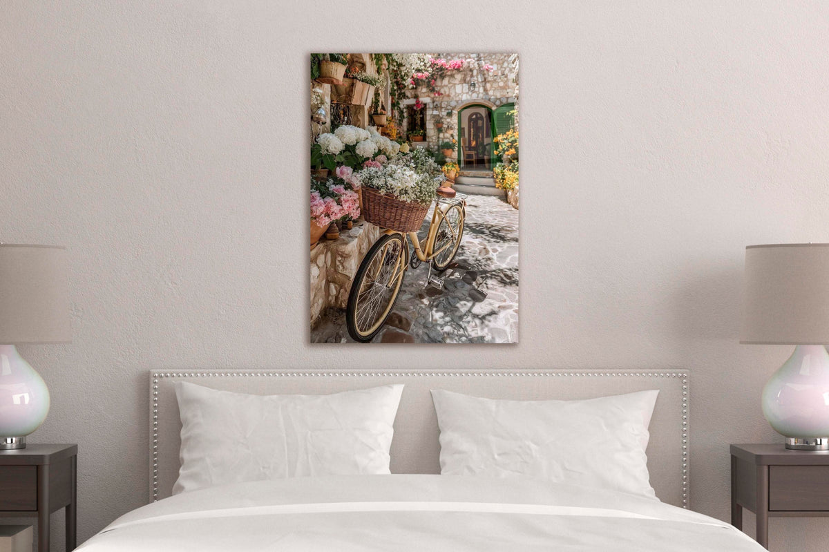 Flower Bicycle Village Street Glass Wall Art in a modern interior