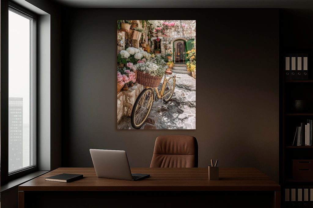 Flower Bicycle Village Street Glass Wall Art on the wall