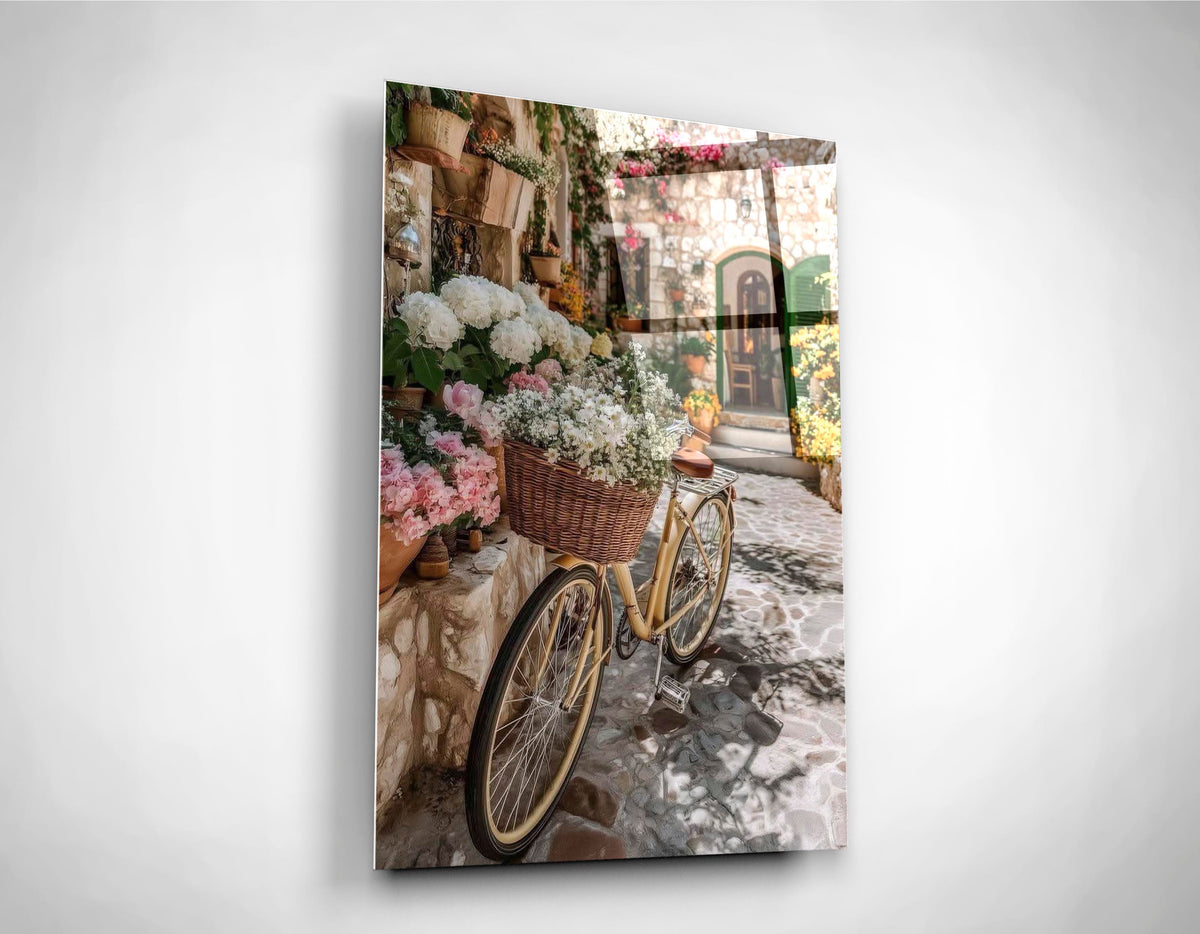 Flower Bicycle Village Street Glass Wall Art close-up