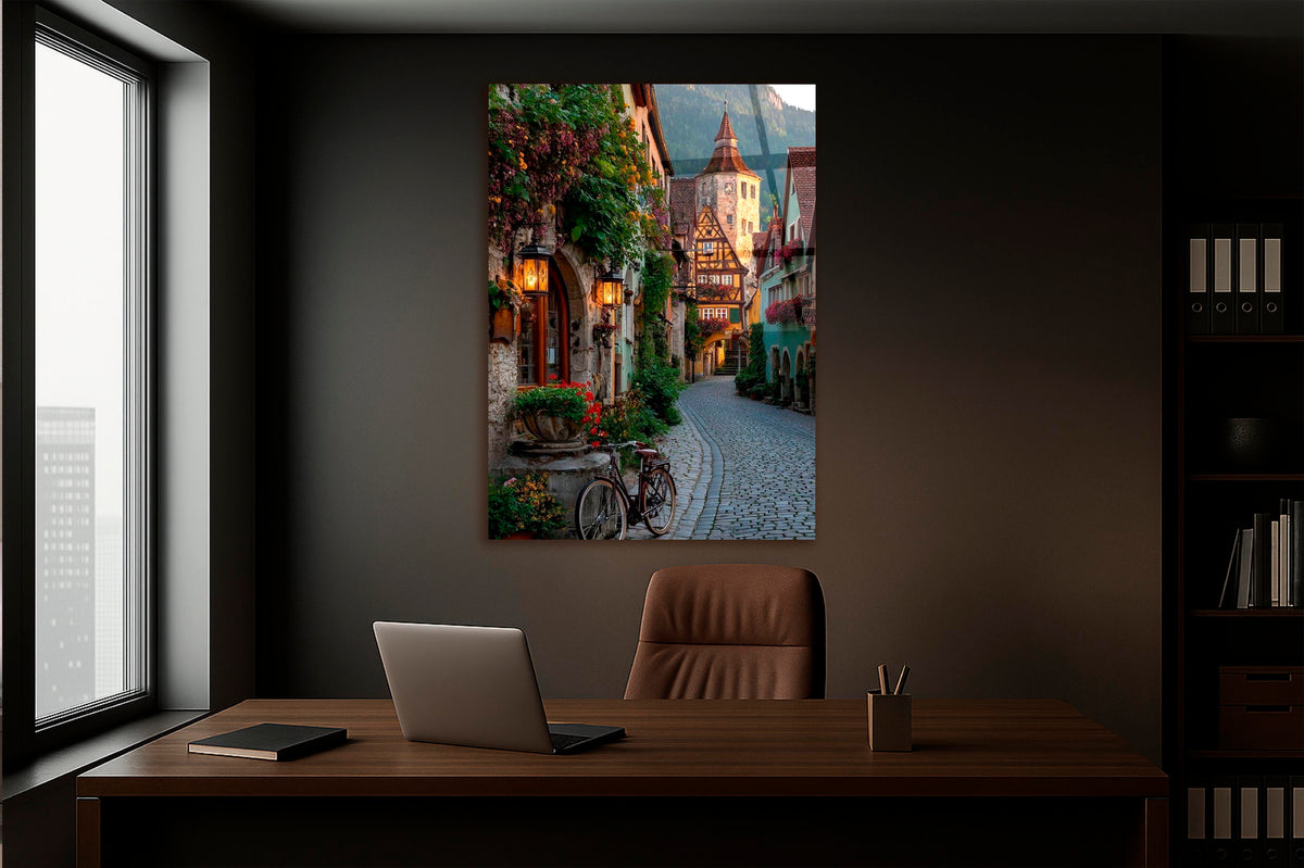 Lantern-Lit Old Town Alley Glass Wall Art in a living room interior