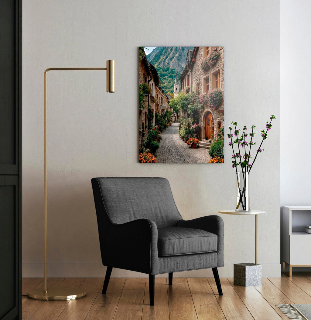 Alpine Village Cobblestone Lane Glass Wall Art in a modern interior