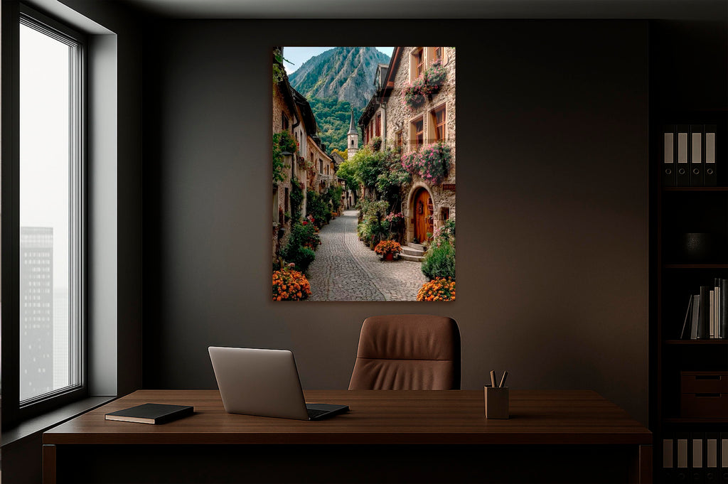 Alpine Village Cobblestone Lane Glass Wall Art on the wall