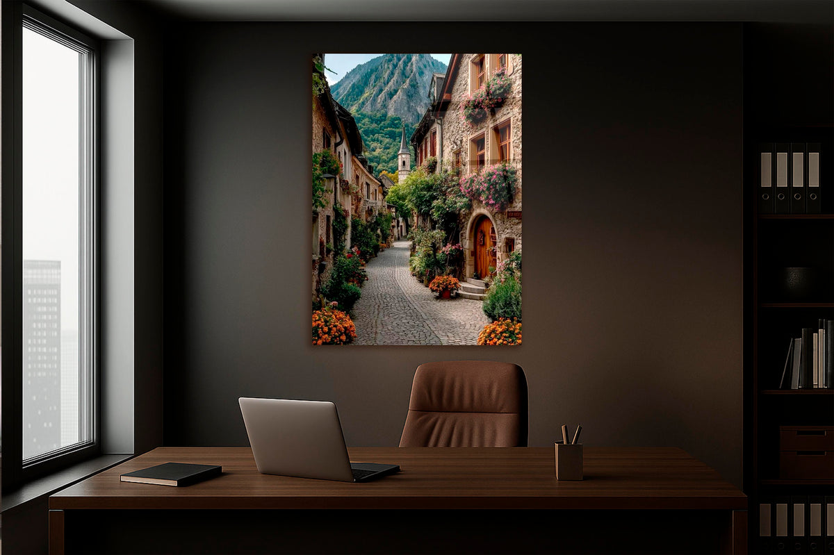 Alpine Village Cobblestone Lane Glass Wall Art on the wall