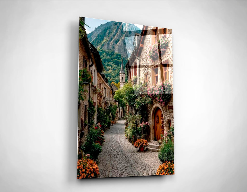 Alpine Village Cobblestone Lane Glass Wall Art close-up