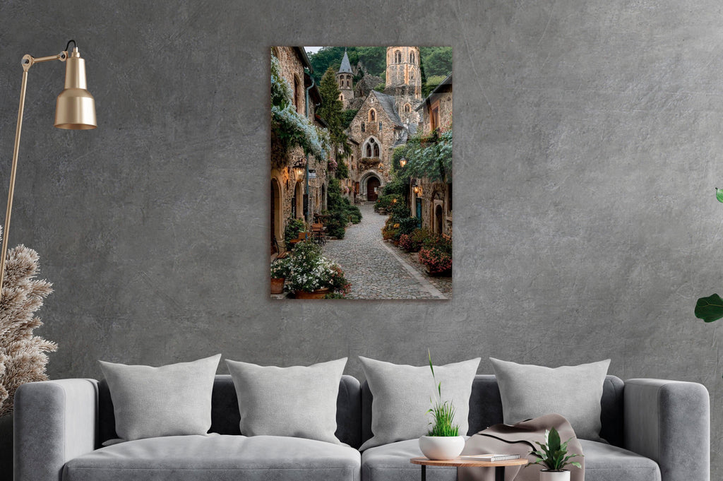 Medieval Stone Village Path Glass Wall Art in a living room interior
