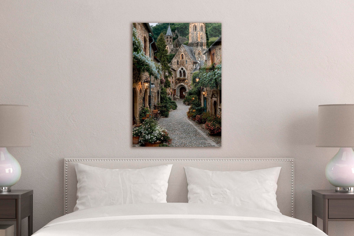 Medieval Stone Village Path Glass Wall Art in a modern interior