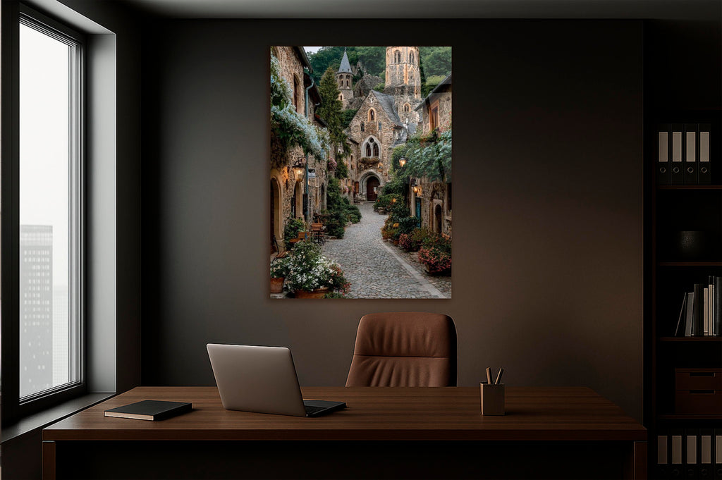 Medieval Stone Village Path Glass Wall Art on the wall