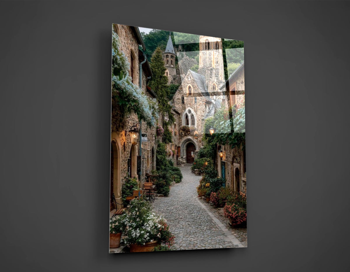 Medieval Stone Village Path Glass Wall Art close-up