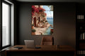 Mediterranean Seaside Terrace Glass Wall Art in a living room interior