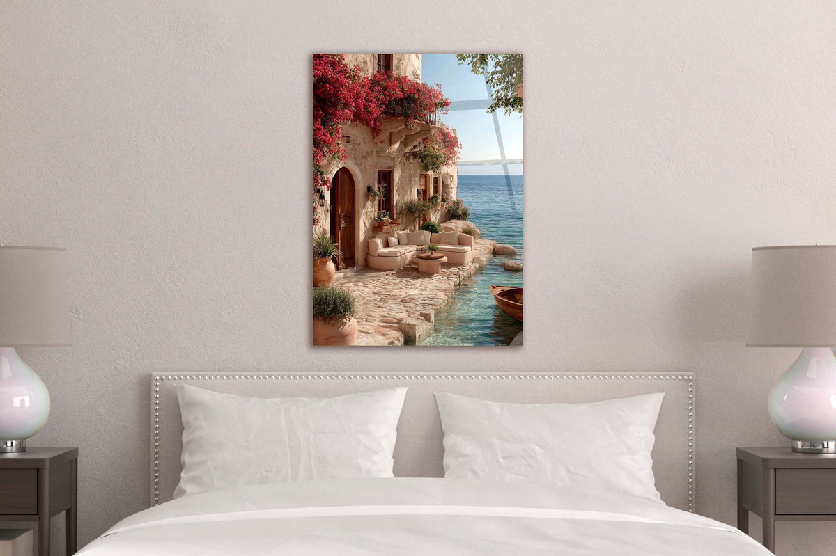 Mediterranean Seaside Terrace Glass Wall Art in a modern interior