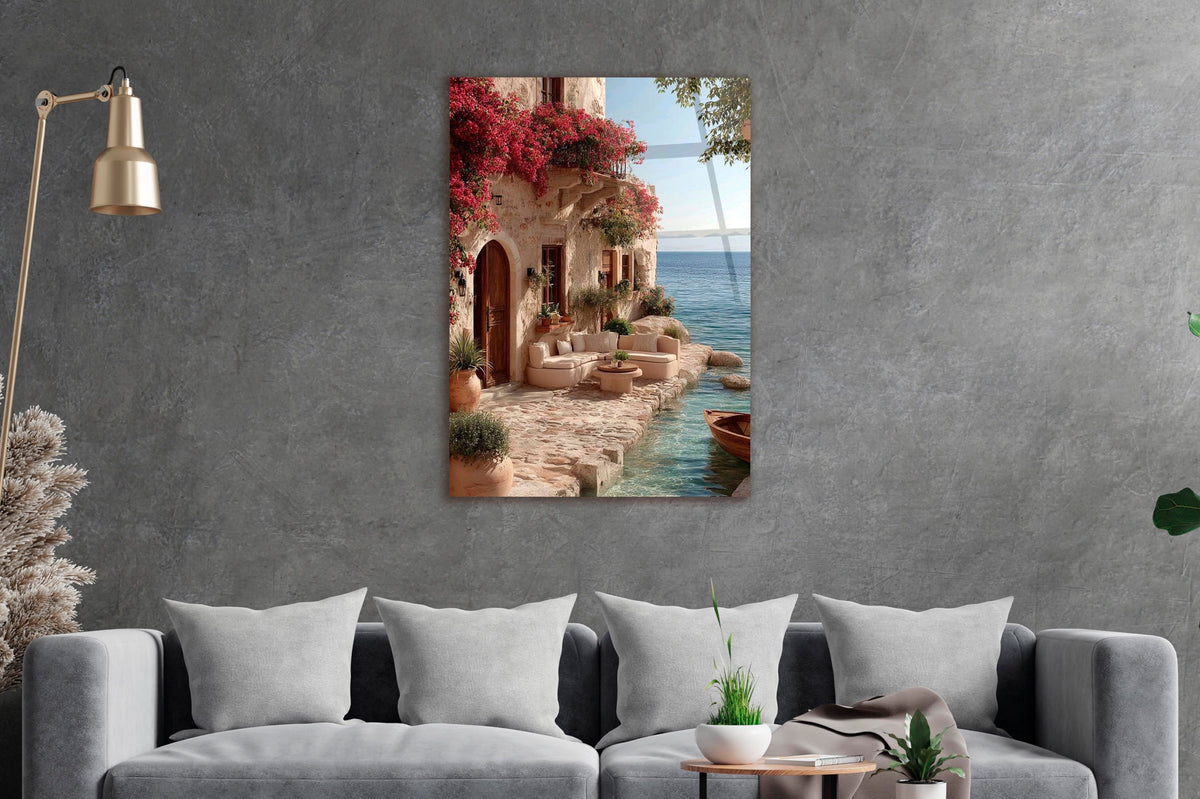 Mediterranean Seaside Terrace Glass Wall Art on the wall