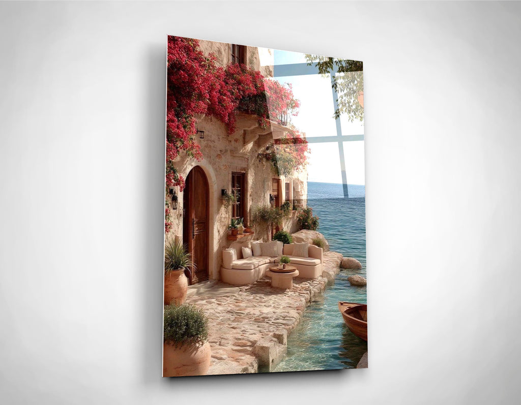 Mediterranean Seaside Terrace Glass Wall Art close-up