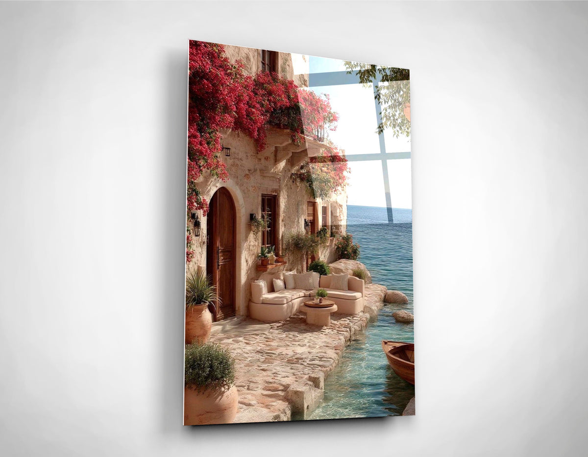 Mediterranean Seaside Terrace Glass Wall Art close-up
