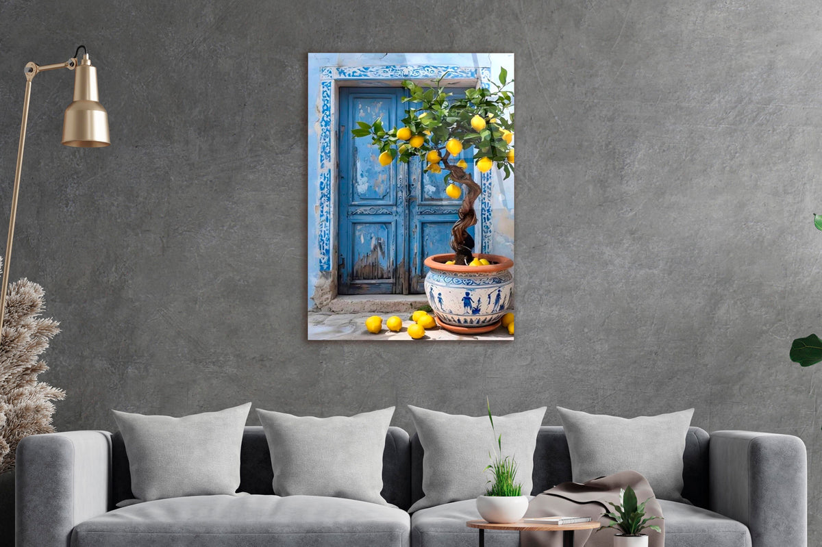 Blue Door and Lemon Tree Glass Wall Art in a living room interior